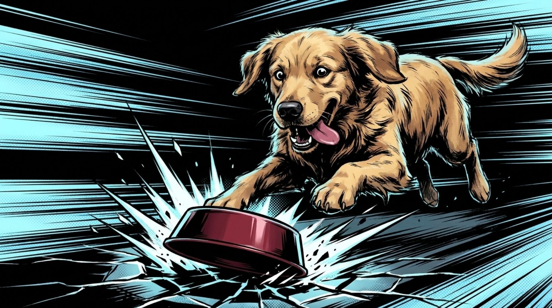 funny dog running to his food bowl