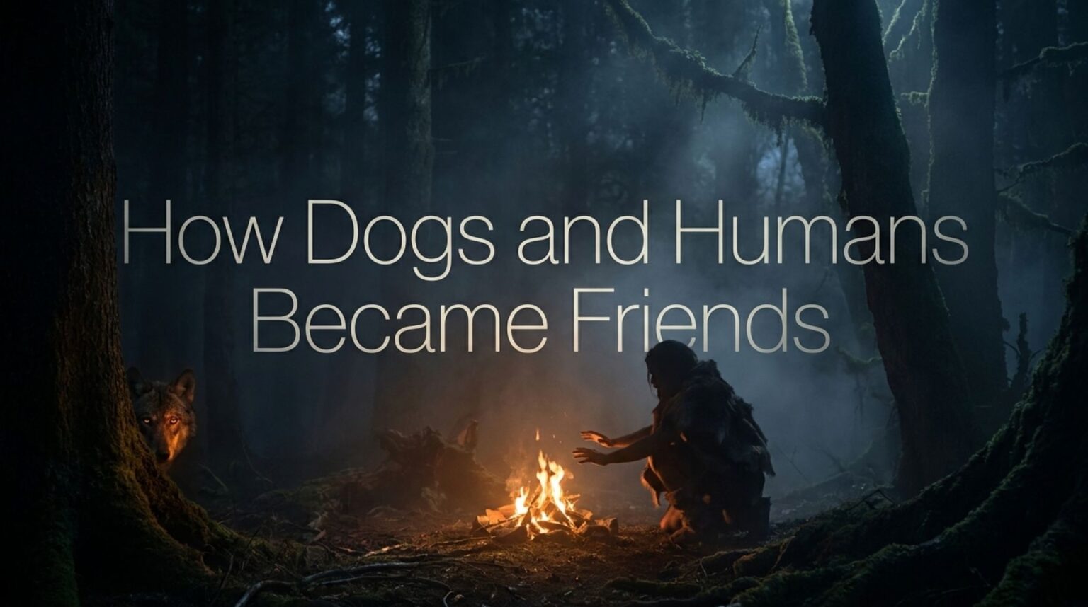 ancient humans sitting around the fire with their new friends the dogs