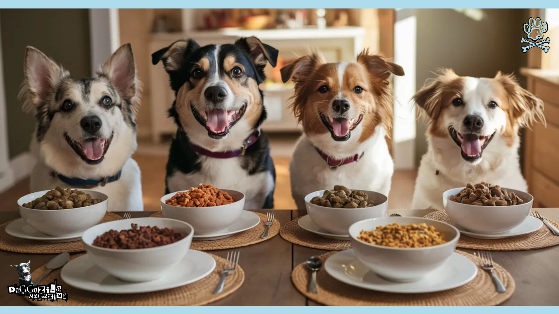 dog family having a dinner at the table