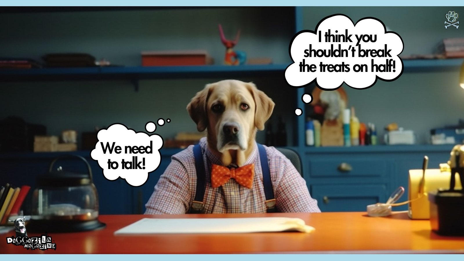 serious looking dog don't like to get his treats in half