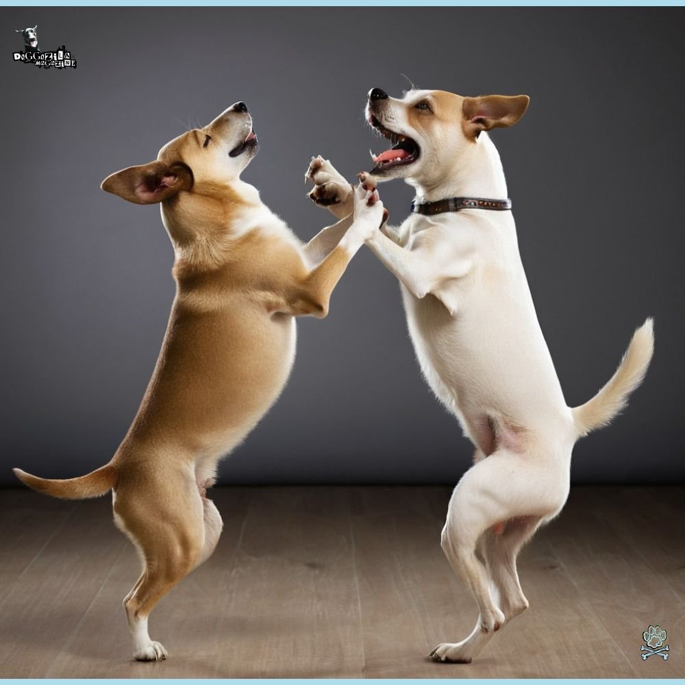 two dogs dancing with each other