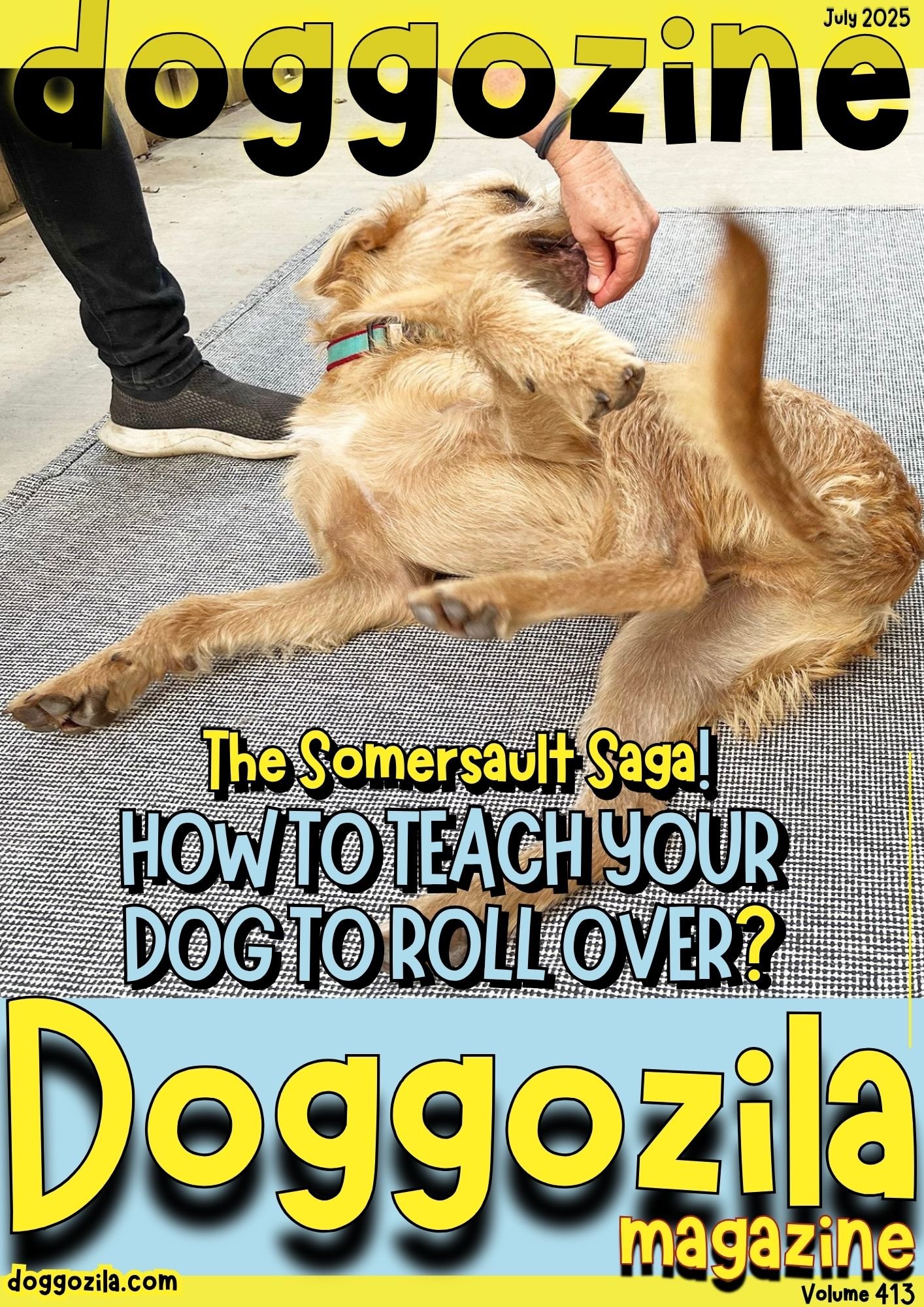 Cover Design for the Dog Magazine Doggozila about How to Teach Your Dog to Roll Over Cover Design for Doggozila Magazine Volume 413