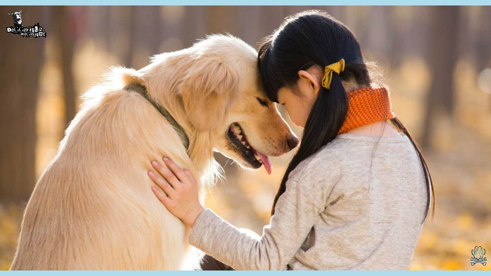 dog and little girl hugging each other