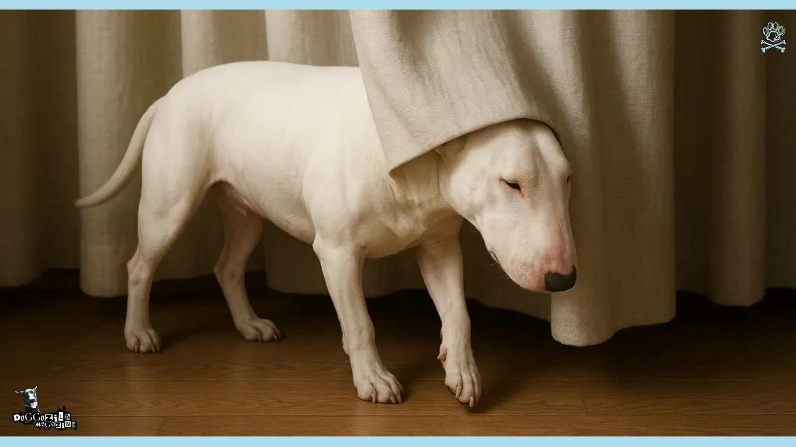pit bull terrier under a curtain