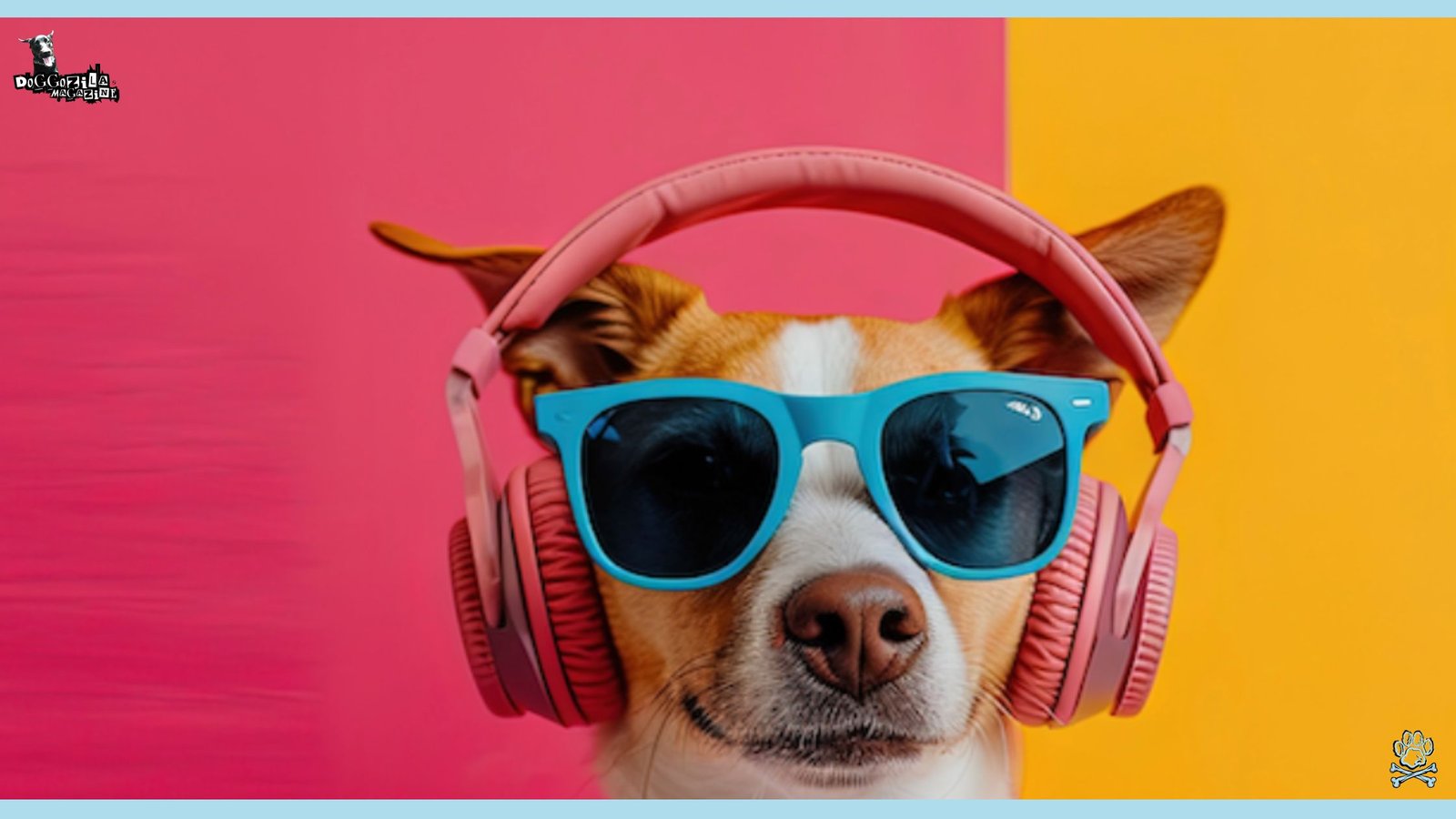 cool dog with glasses and headphones practice his listening skills
