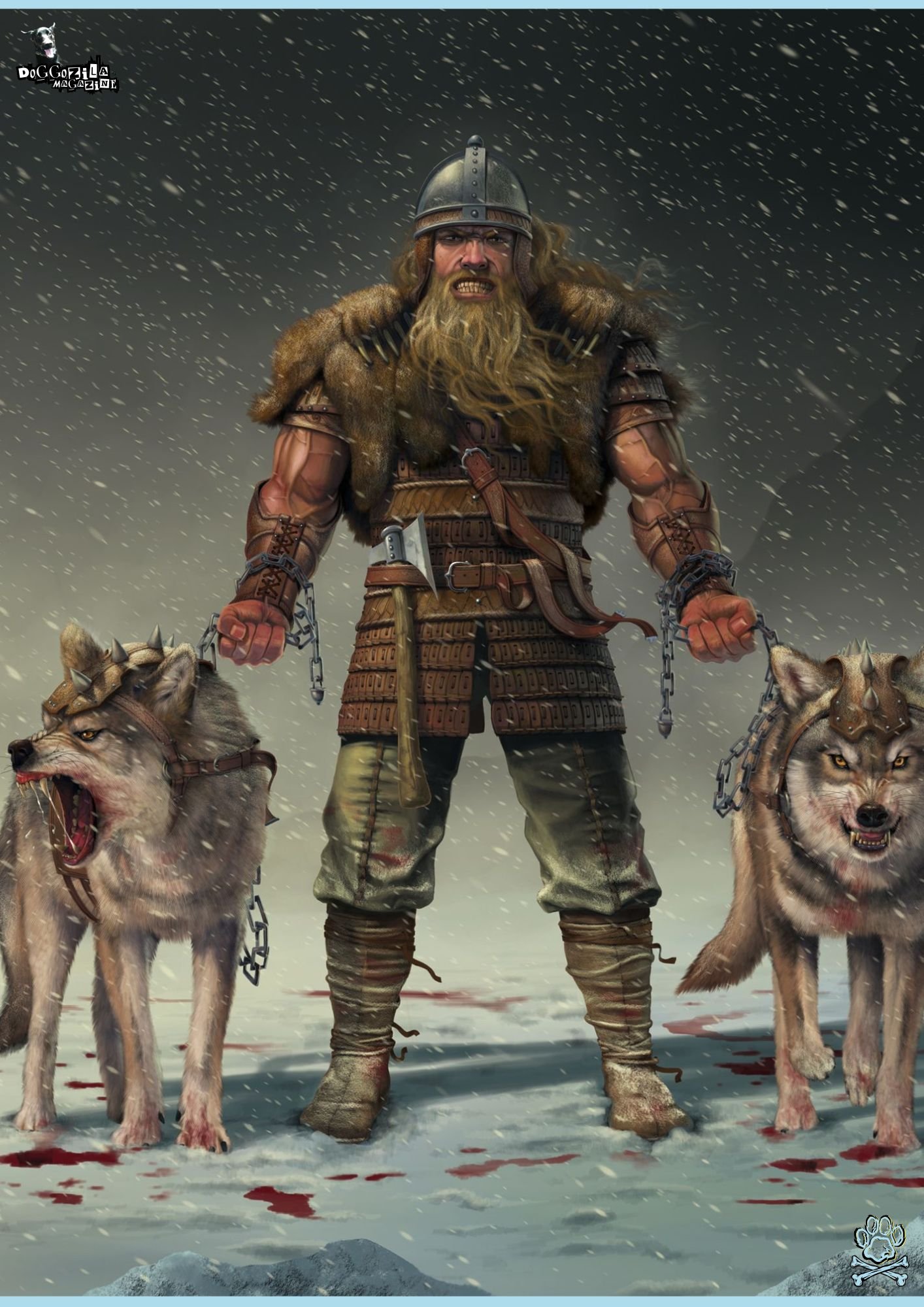 viking warrior with his two dogs
