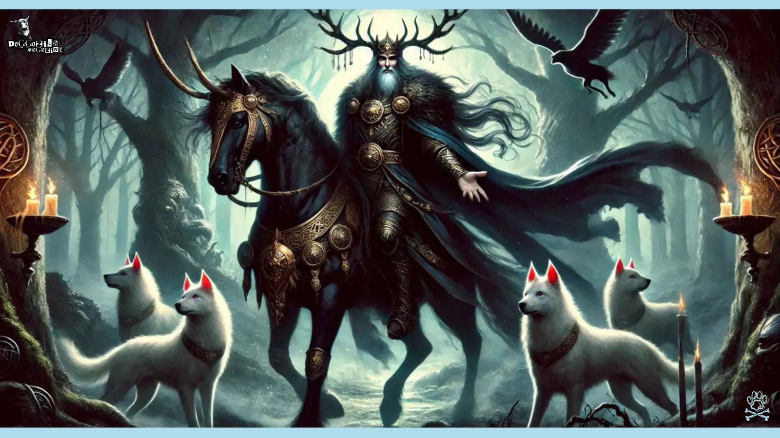 Norse god on a horse with his dogs
