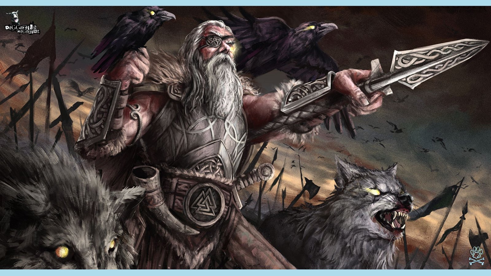Norse god with his dogs in a battle