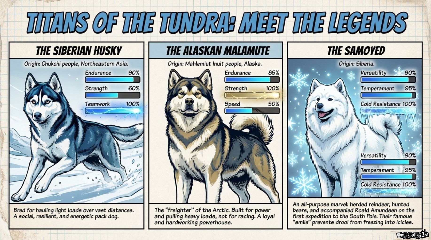 Husky, Samoyed and Alaskan Malamute