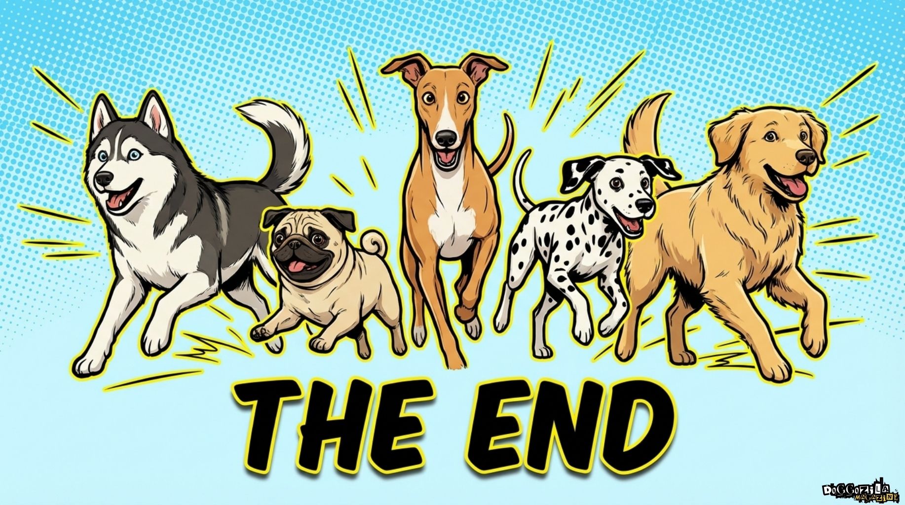 5 dogs running to the camera