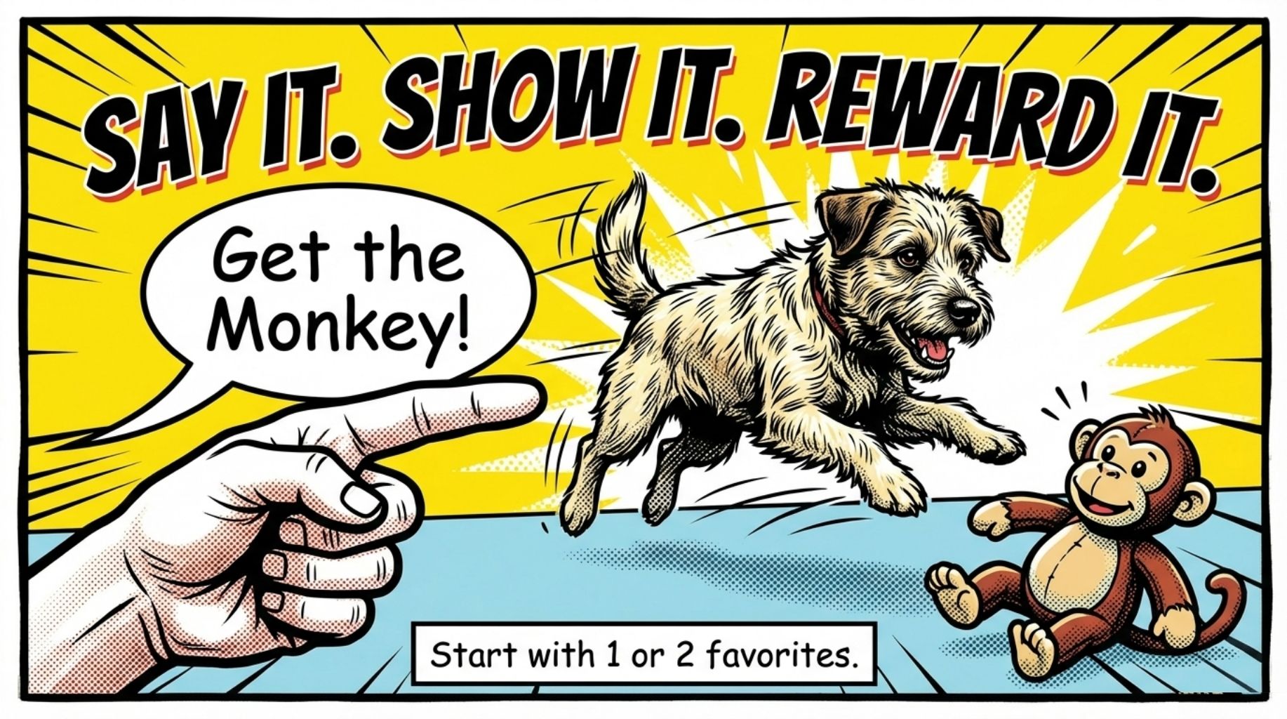 say the name of the toy, show it and reward your dog