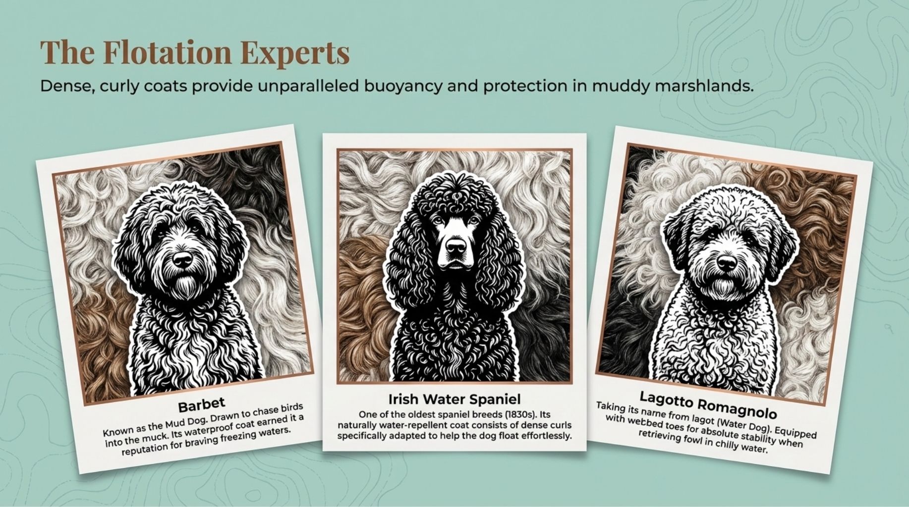 barbet. irish water spaniel and lagotto romagnolo