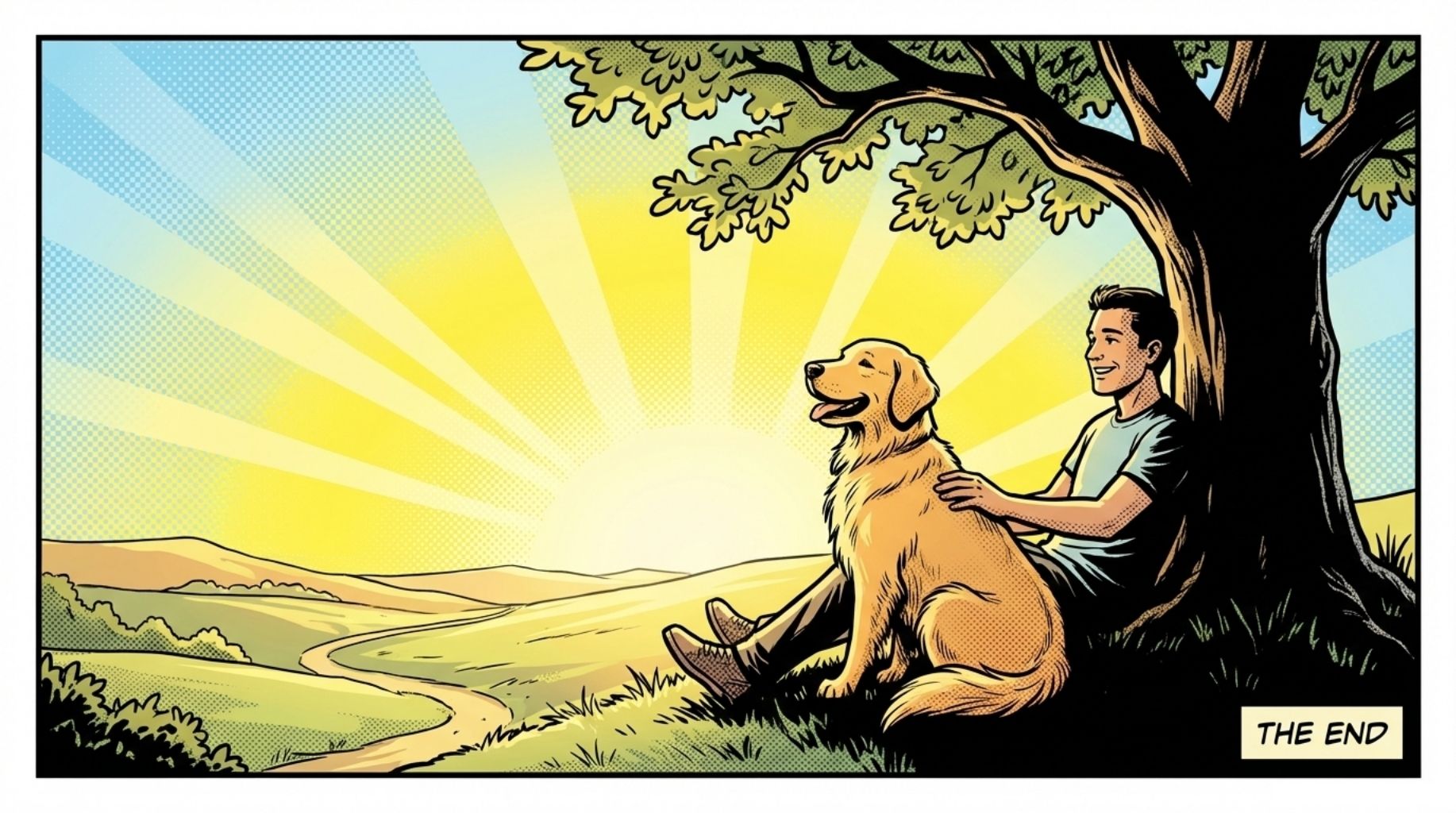 golden retriever and his owner sitting to watch the sunrise