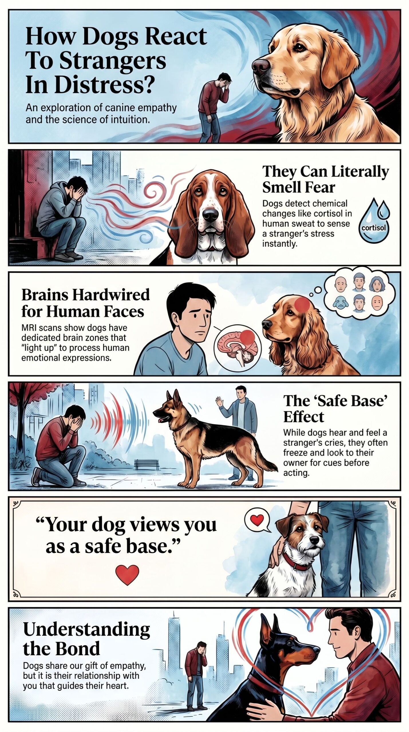 dog cartoon guide on how dogs react to people in distress