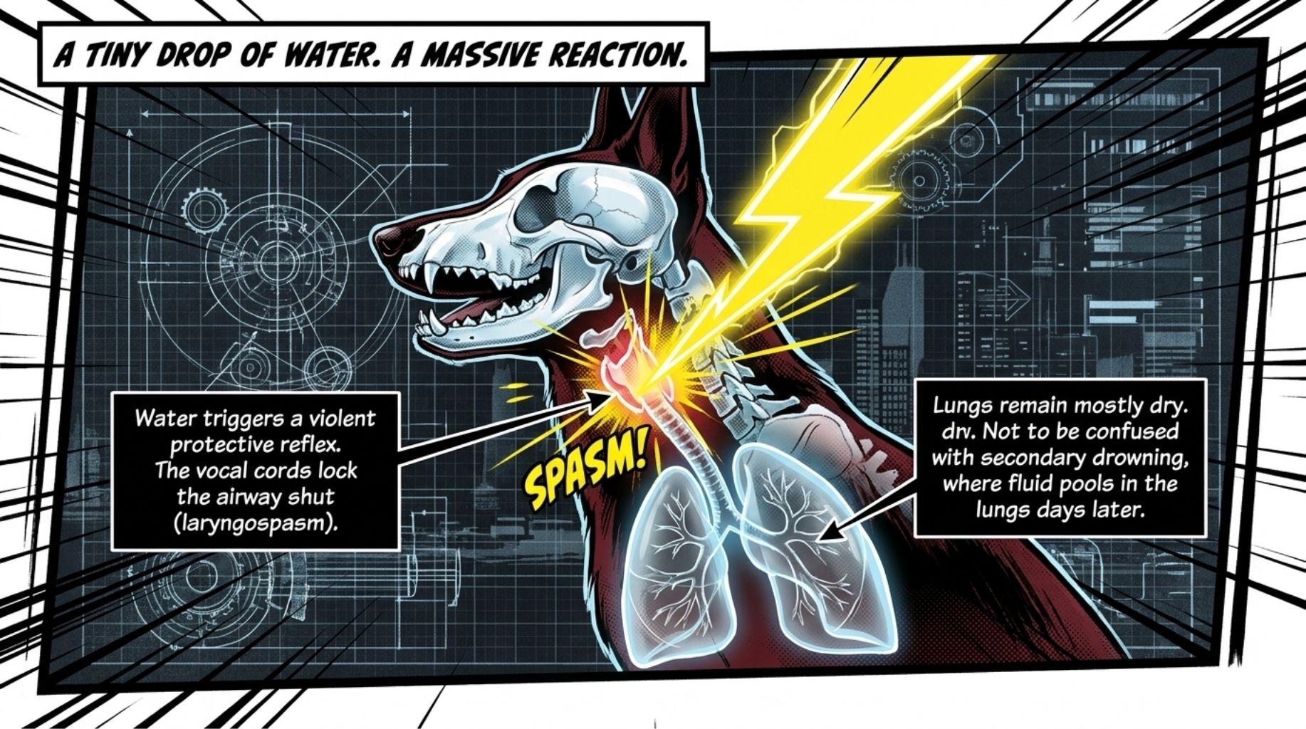 tiny drop of water can trigger a massive and violent reaction such as spasm in the vocal cords in your dog
