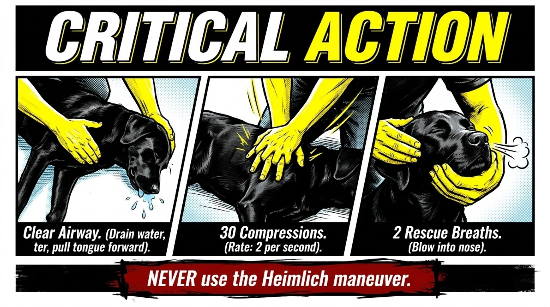 the critical action to do for dry drowning in dogs and never use the Heimlich maneuver