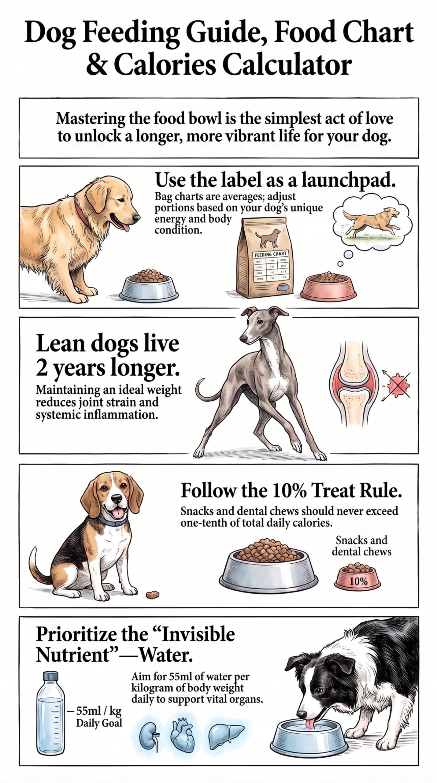 Discover the expert dog feeding guide “Fuel Lab” calculator for calculating dog food calories and hydration