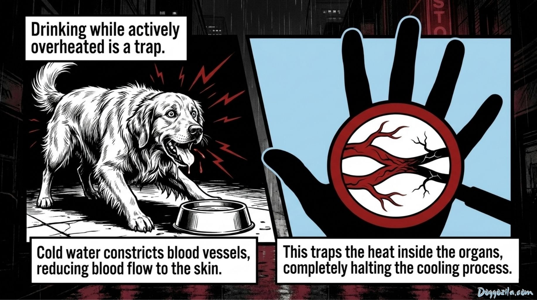do not give a cold water if your dogs are overheating or you see signs of heatstroke