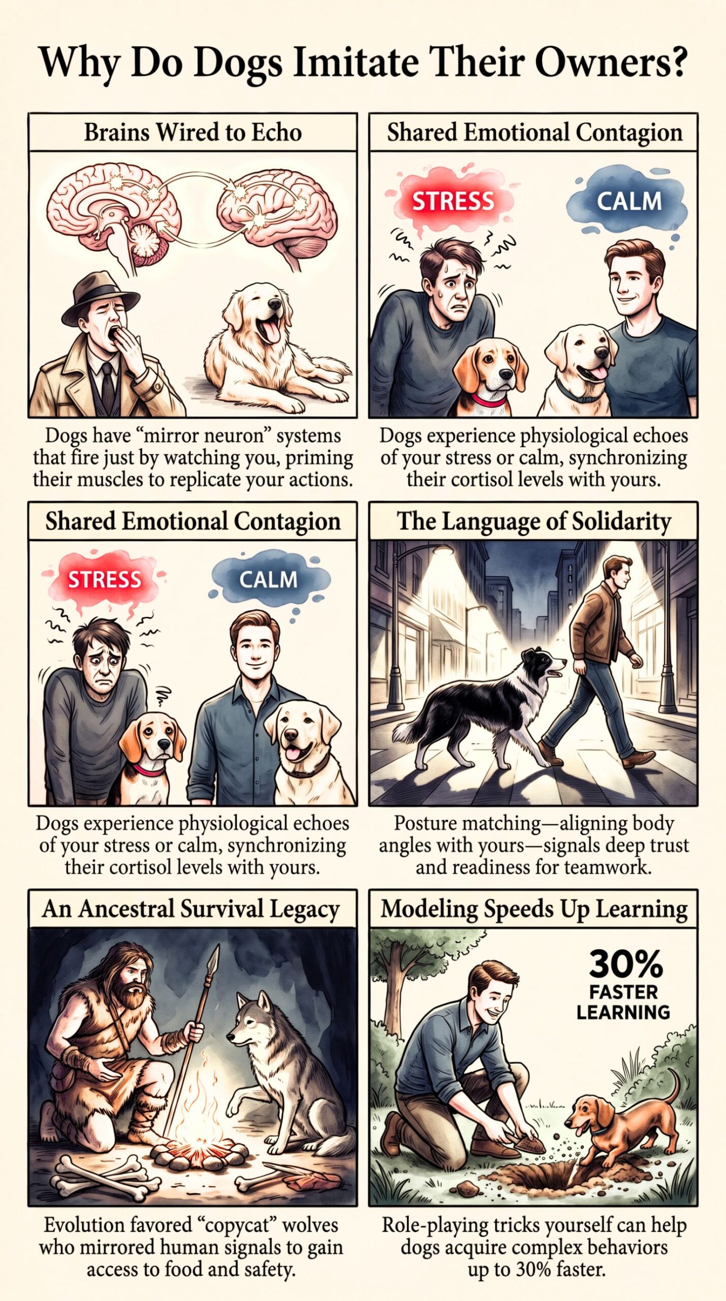 Cartoon Guide is showing the Reasons Behind Why Dogs Imitate Their Owners