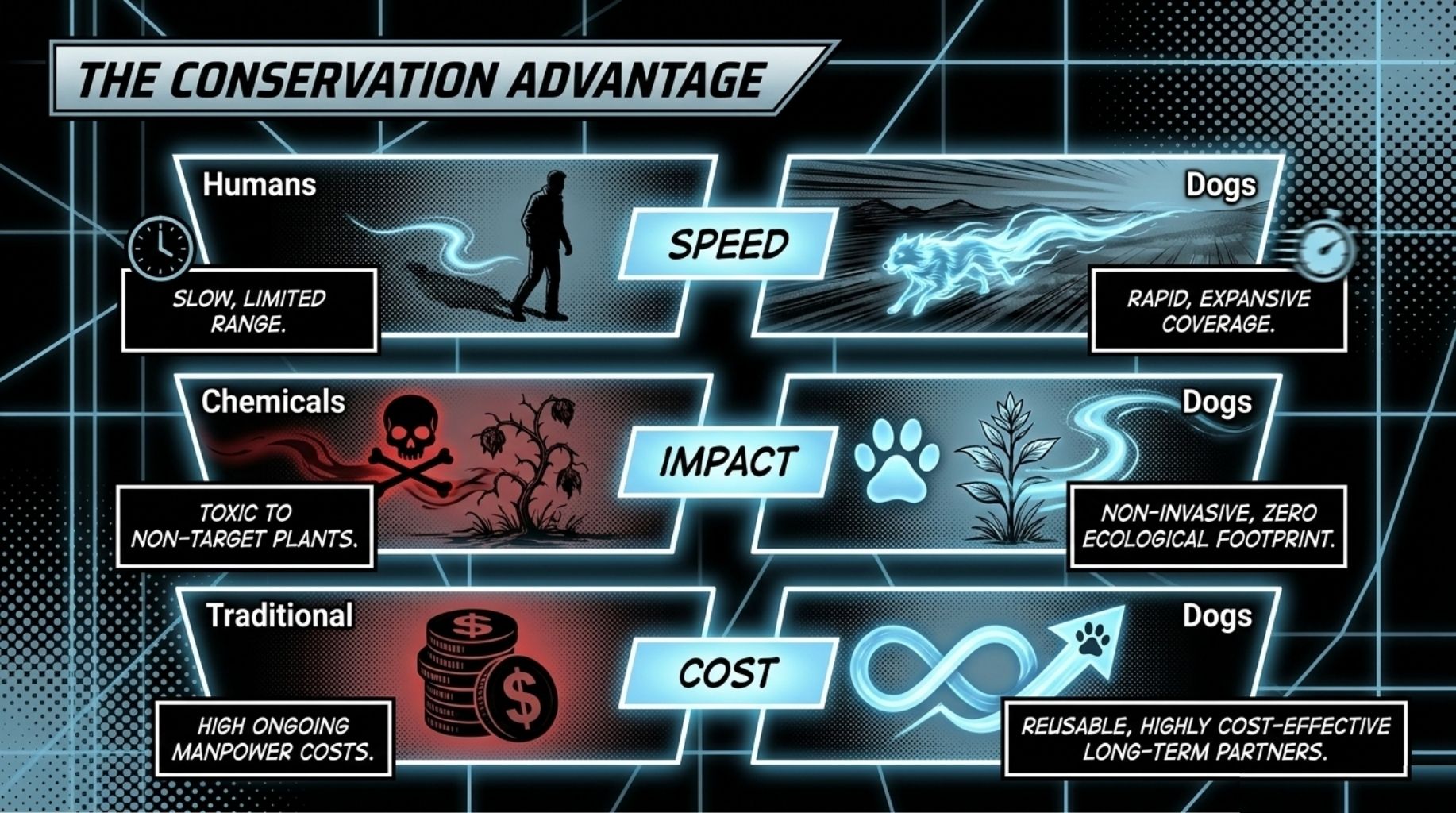 the table of the important conservation advantage that dogs are giving for the ecosystem