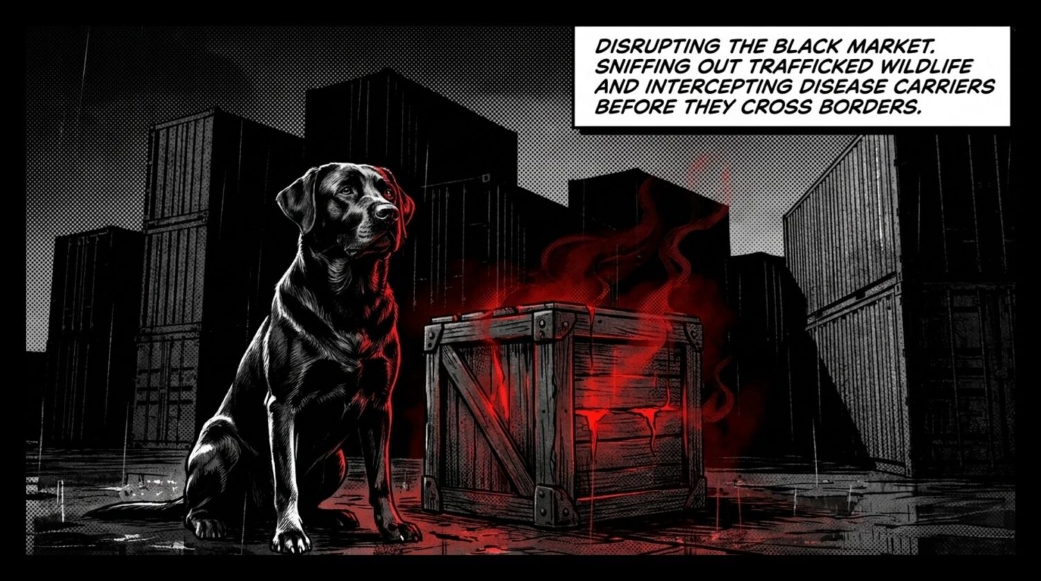 dogs are known to disrupt the black market with finding trafficked wild life as the labrador on the image that is sitting with the illegal box that he founded