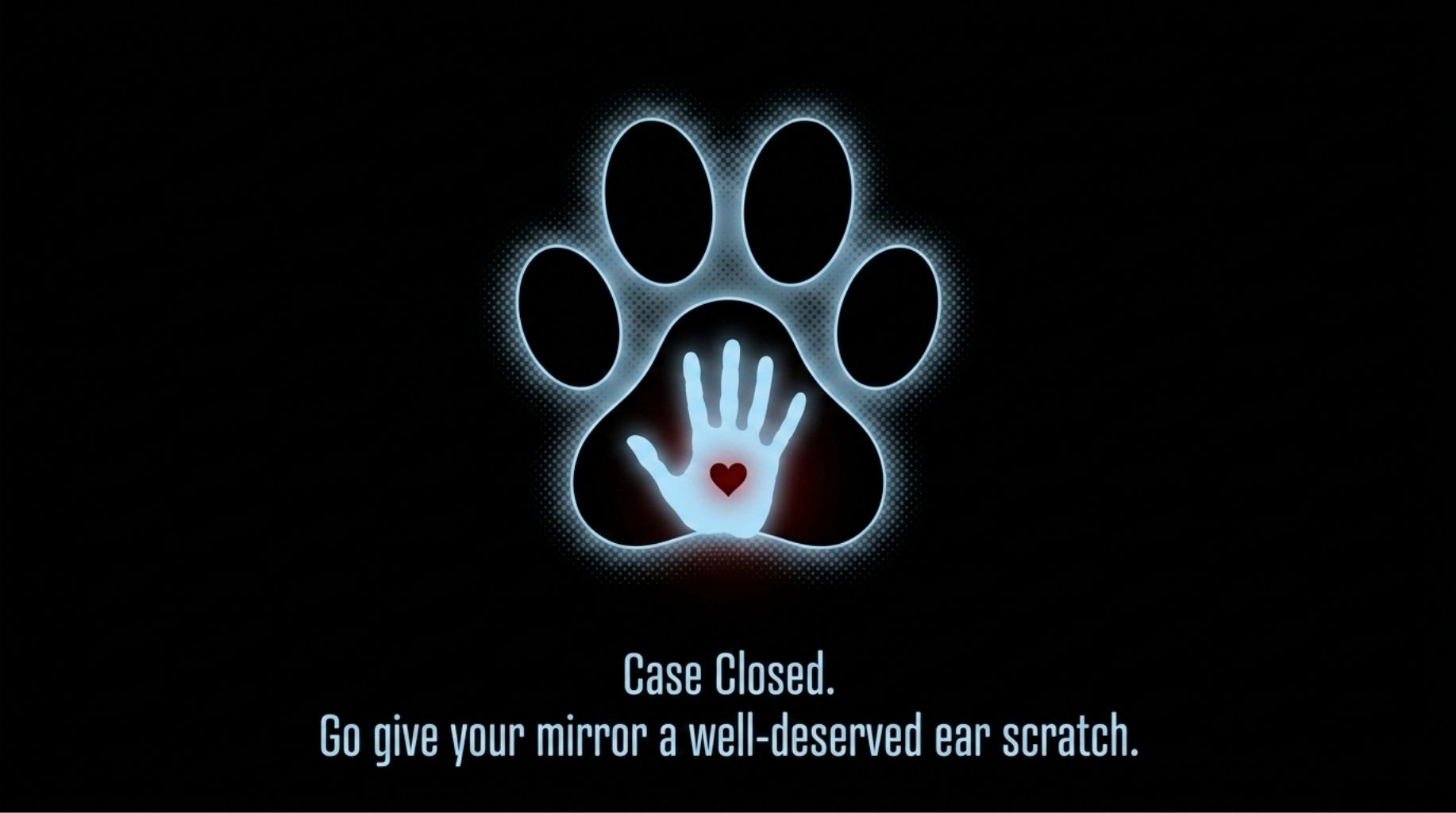 a heart within a man's hand inside a dog's paw