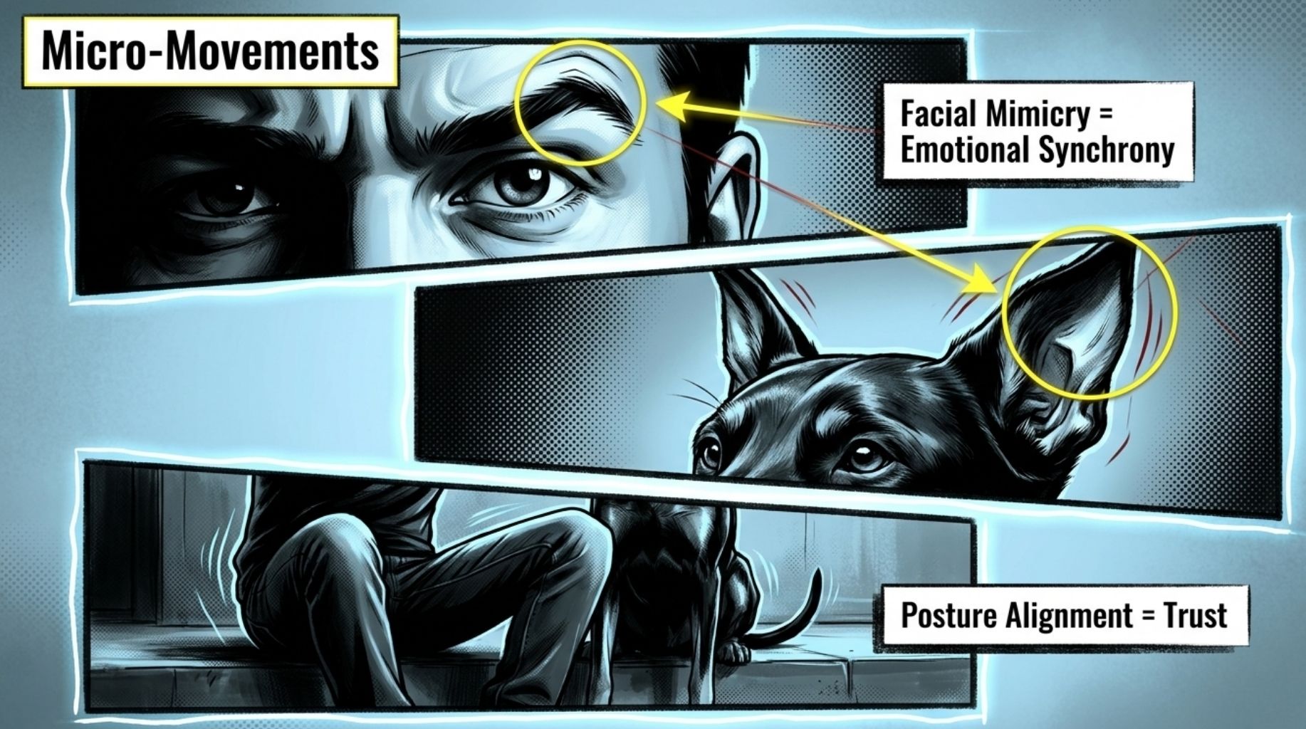 micro movements from dog's ears and man's eyebrows