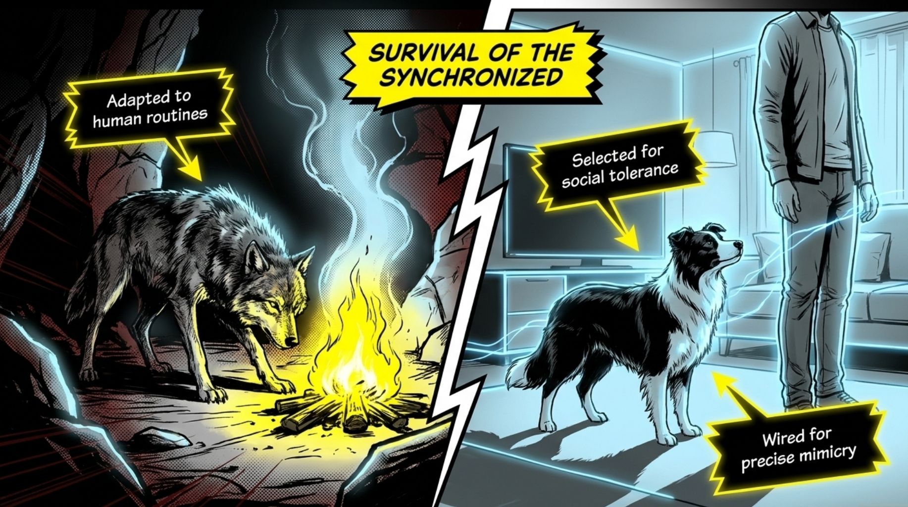 wolf approaching to the people's fire and a border collie in the room looking at his owner