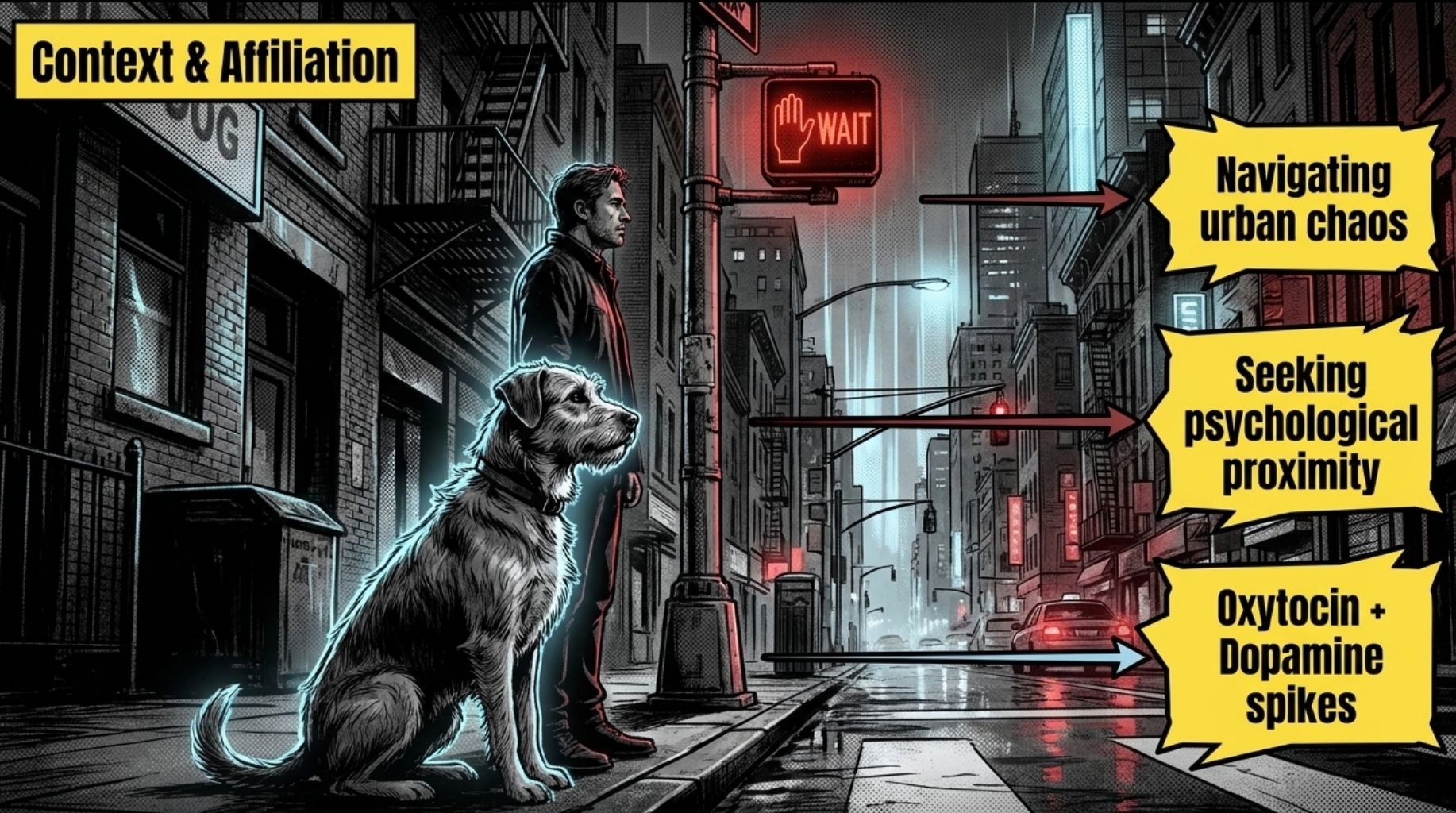 dog and a man waiting on the street for the light to turn green so they can cross the street