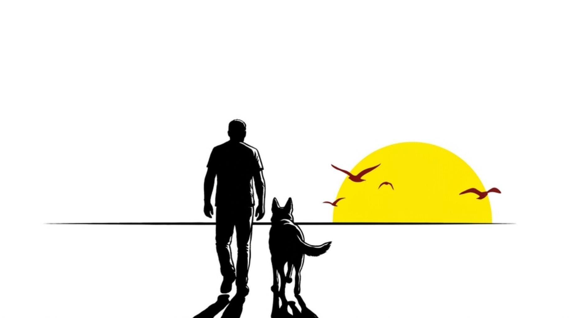 dog and his owner walking to the sunset