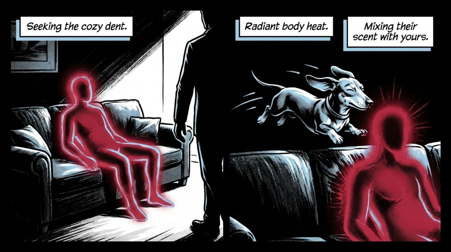 the dog takes the owner place on the couch as soon he stand and leave