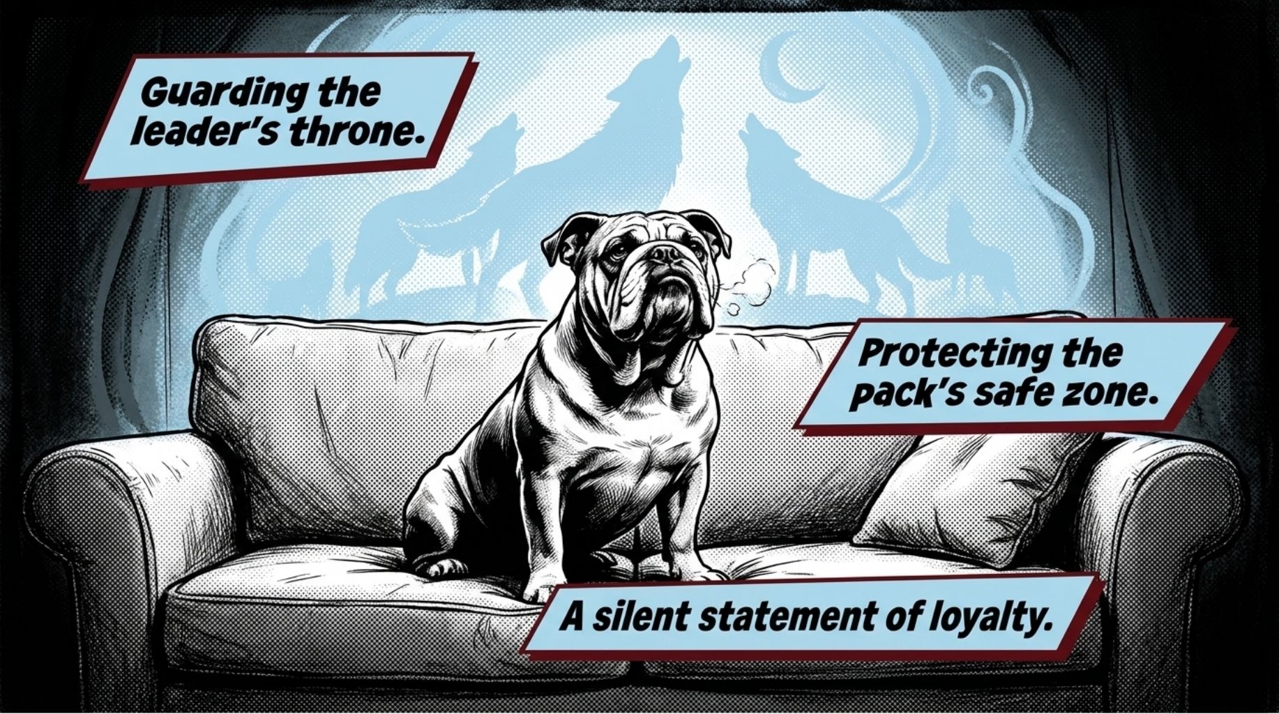 the bulldog is sitting on the coach and guarding the place for his owner