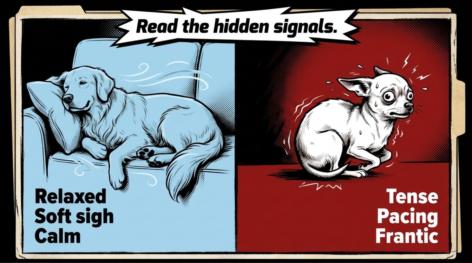 one dog is calm and relaxed on the bed and the other is anxious and stressed - read the hidden signs behind Why Your Dog Takes Your Spot on the Couch