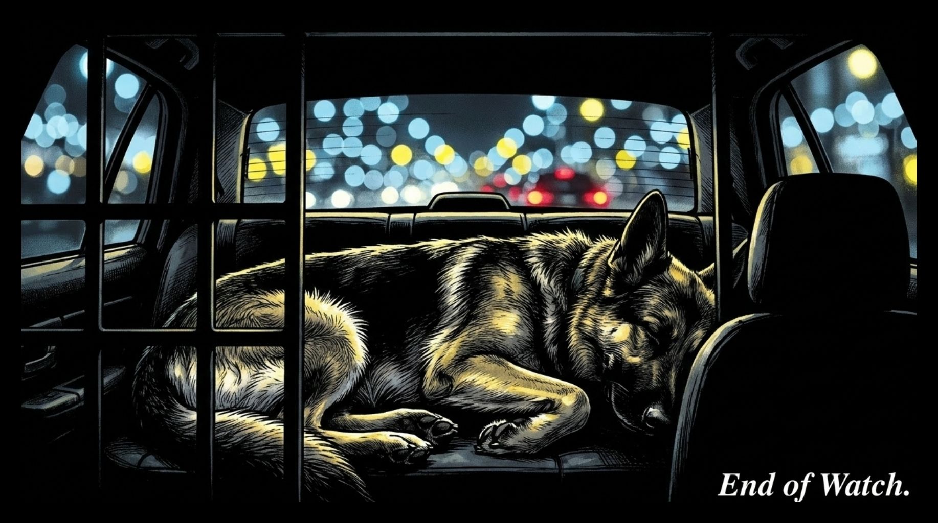german shepard sleeping in the back of the police car after his hard shift