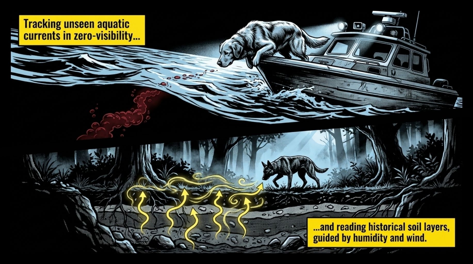 dogs are tracking on water via boat and on land and underground