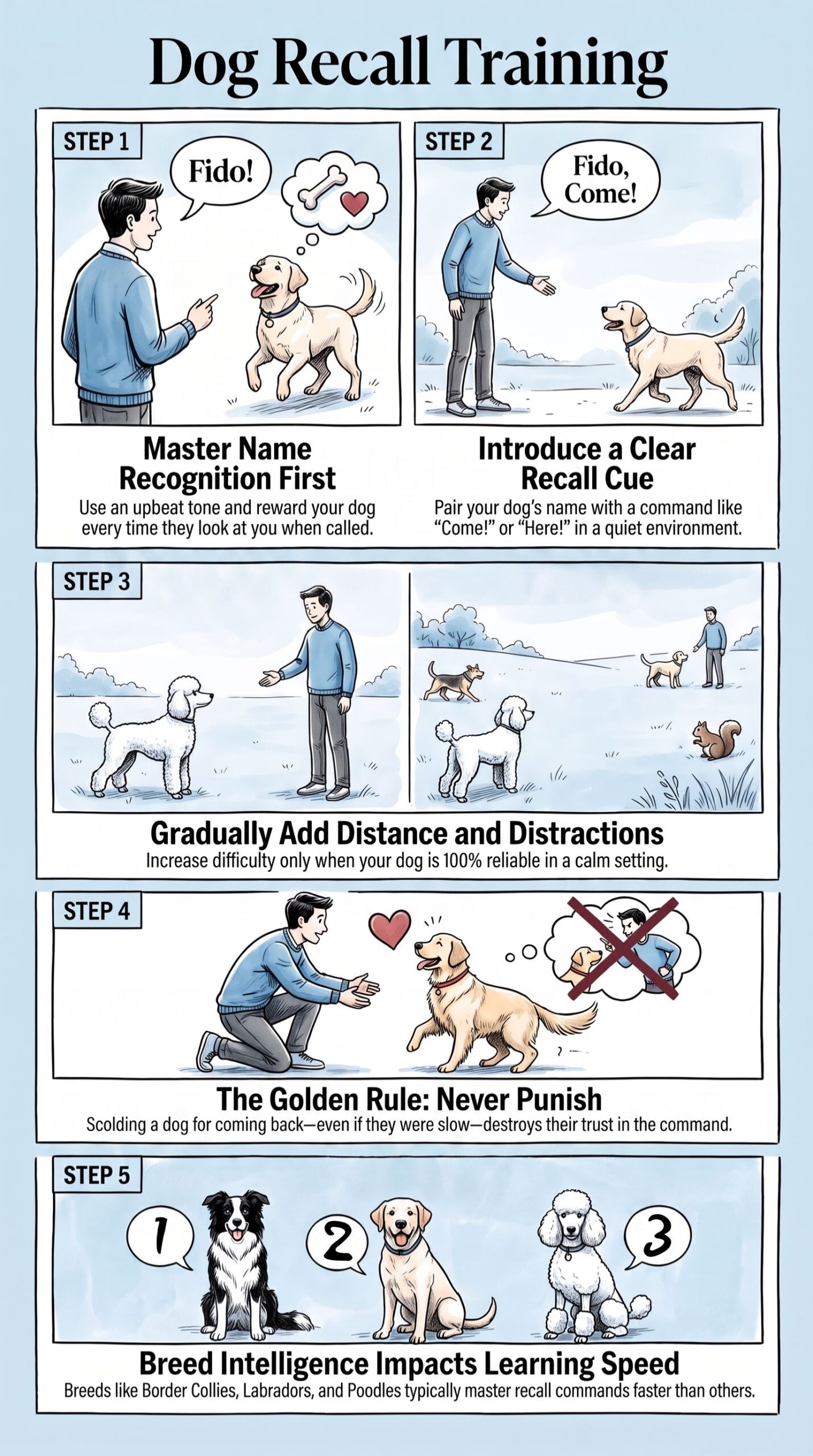 step by step guide to dog recall training