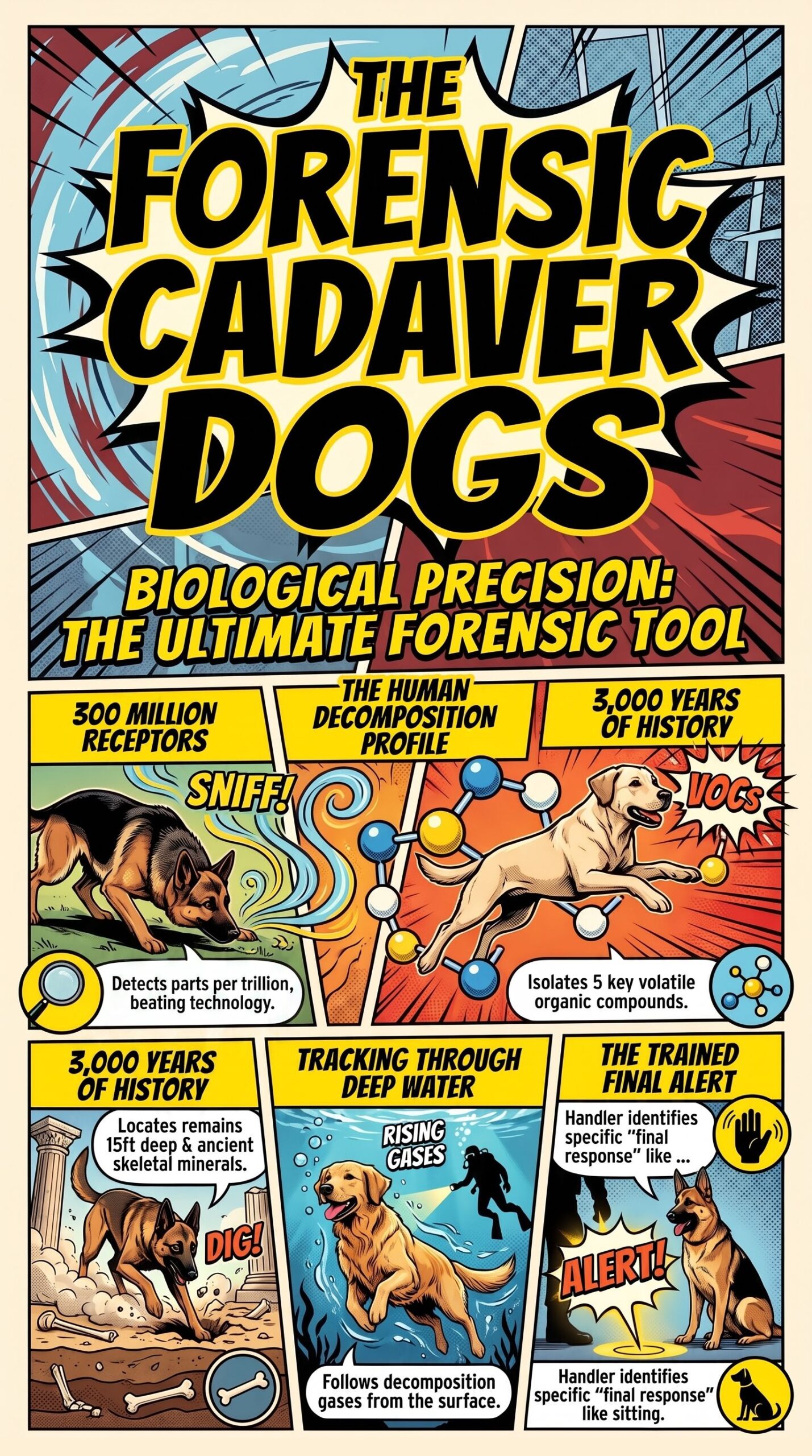 comic story guide about the forensic cadaver dogs