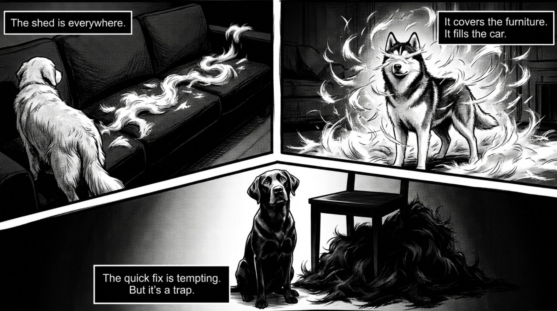 three dogs shedding everywhere